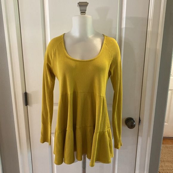 ANTHROPOLOGIE Maeve Mustard Yellow Tiered Long Sleeve Ribbed Top // M‎ - Picture 3 of 13